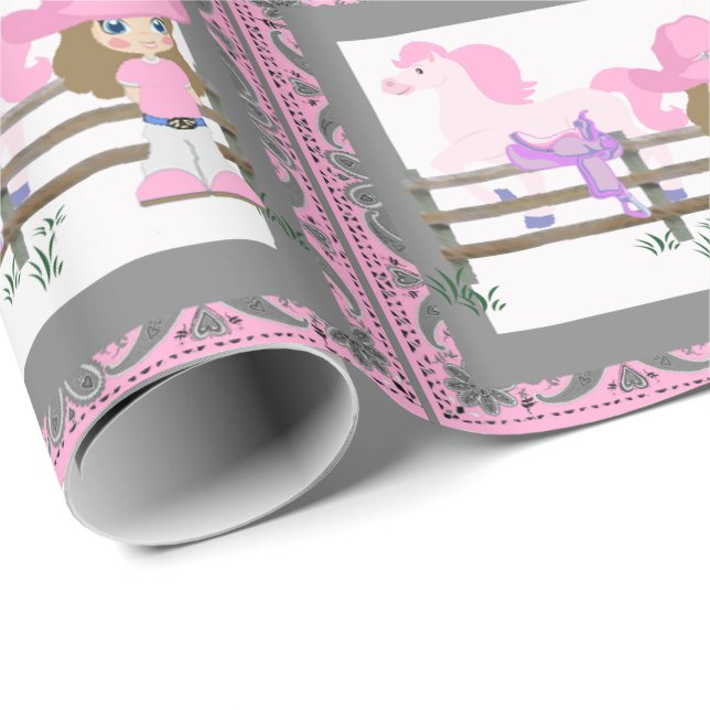 Papier Cadeau Western Rodeo Little Cowgirl Horse Saddle (Coin rond)