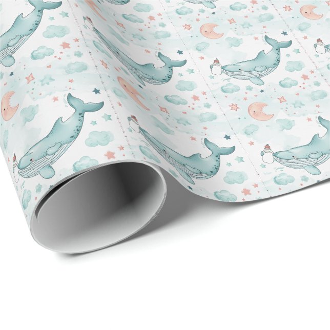 Papier Cadeau Whale Cute Baby Pastel Motif d'aquarelle (Coin rond)