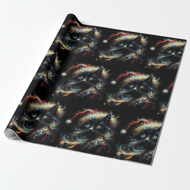 Papier Cadeau Whimsical Black Cat Santa Christmas Hat Decoupage (Déroulé)