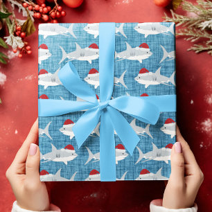 Papier Cadeau Whimsical Blue Shark Santa Hat Design