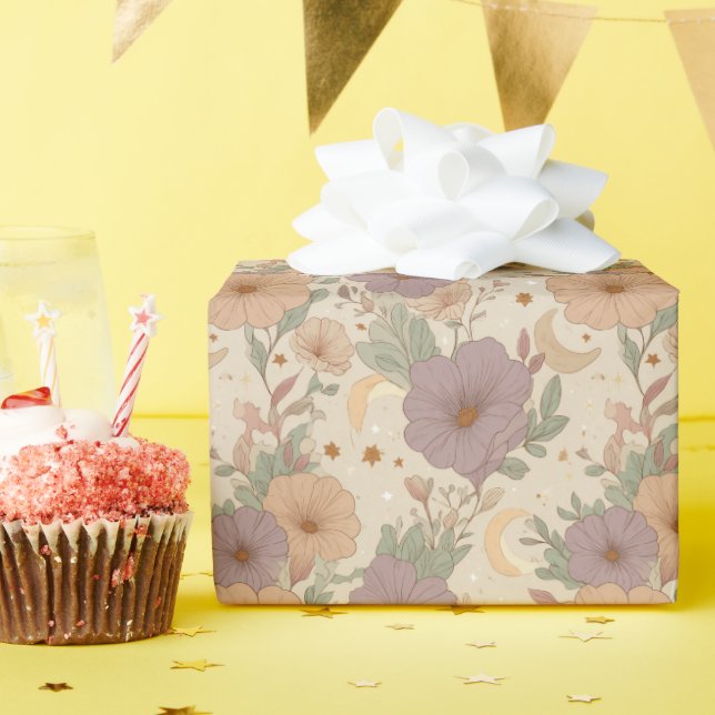 Papier Cadeau Whimsical Boho Floral & Moon Dreamscape (Fête d'anniversaire)