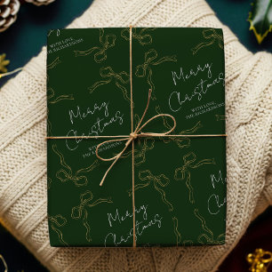 Papier Cadeau Whimsical Bows Green Gold Nom de famille Fêtes Noë