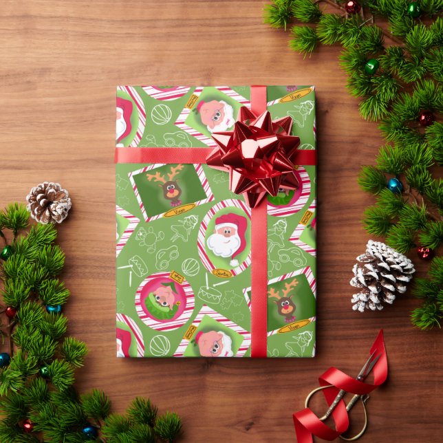 Papier Cadeau Whimsical Christmas Red & Green Père Noël Helpers (Cadeau de vacances)