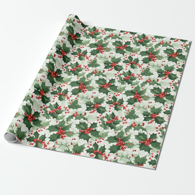 Papier Cadeau Whimsical Holly Delight Papier Enveloppant Noël (Déroulé)