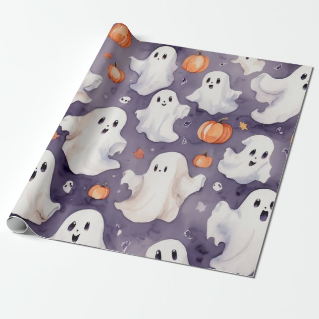 Papier Cadeau Whimsical mignon fantôme halloween délice aquarell (Déroulé)