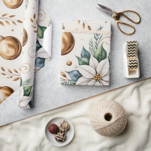 Papier Cadeau Whimsical Moderne Vert Or Blanc Noël Floral