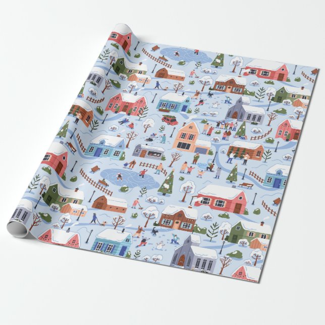 Papier Cadeau Whimsical Nordic Hygge Christmas Village Pastel (Déroulé)
