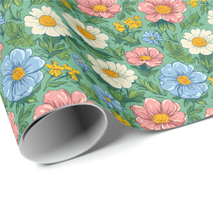 Papier Cadeau Whimsical Pastel Ditsy Floral Meadow Motif