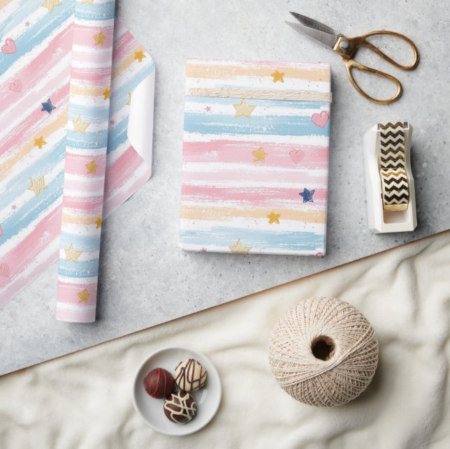 Papier Cadeau Whimsical Pastel Striped Heart et Star Motif De (Artisanat)