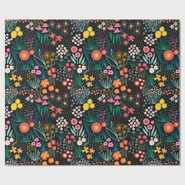 Papier Cadeau Whimsical Wildflower Dark Garden Folk Print (Plat)