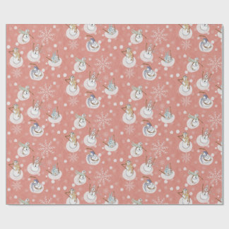 Papier Cadeau Whimsical Winter Snowmen at Play Muted Coral Pink