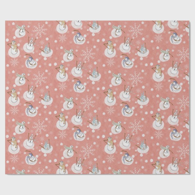 Papier Cadeau Whimsical Winter Snowmen at Play Muted Coral Pink (Plat)