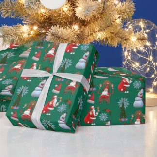 Papier Cadeau Whimsical Winter Tree with Santa and Snowman