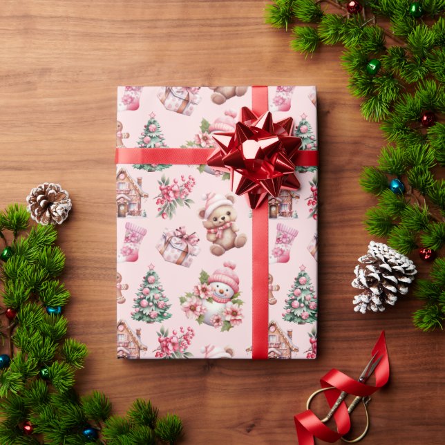 Papier Cadeau Whimsstel Pastel Motif de Noël rose - Snowmen (Cadeau de vacances)