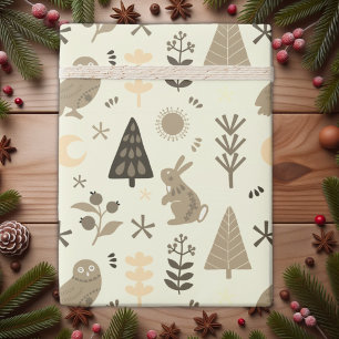 Papier Cadeau Whimsy des bois d'hiver, lapin de Noël et hibou