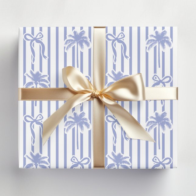 Papier Cadeau White Blue Coastal Palm Trees Bows Stripes Pattern (In situ)