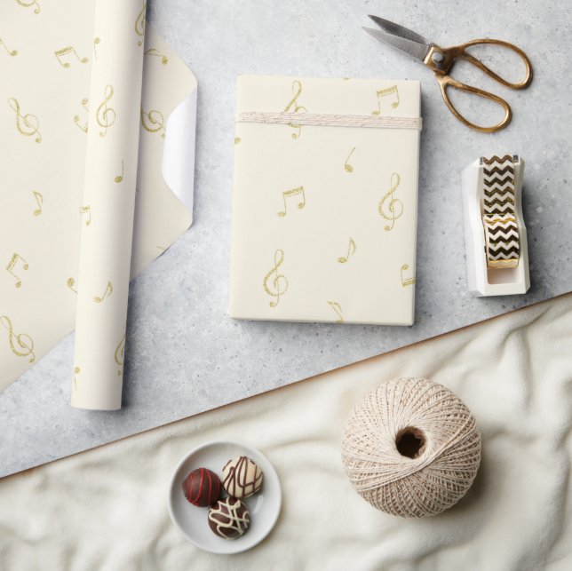 Papier Cadeau White Gold Music Notes Birthday (Artisanat)