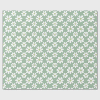Papier Cadeau White Green Daisy Pattern 