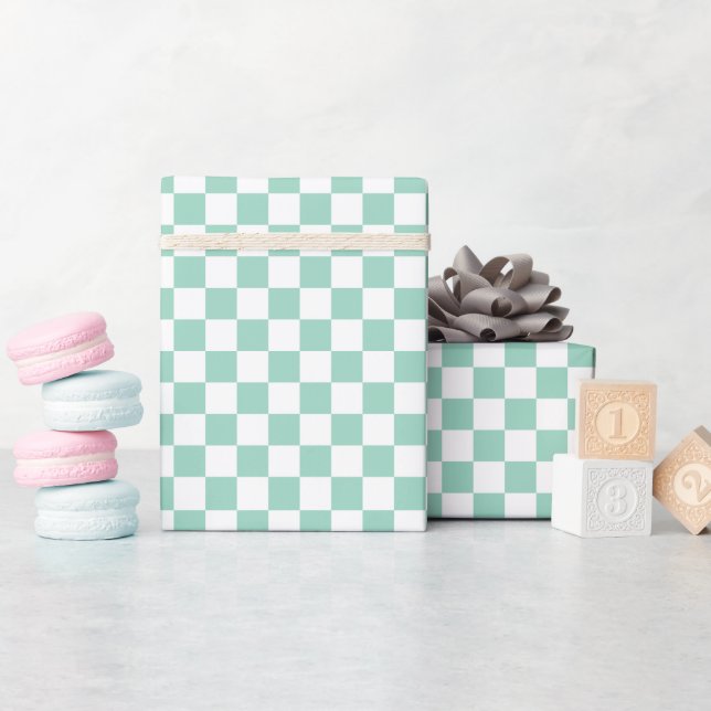 Papier Cadeau White & Teal Checkerboard Wrapping Paper Roll (Baby Shower)