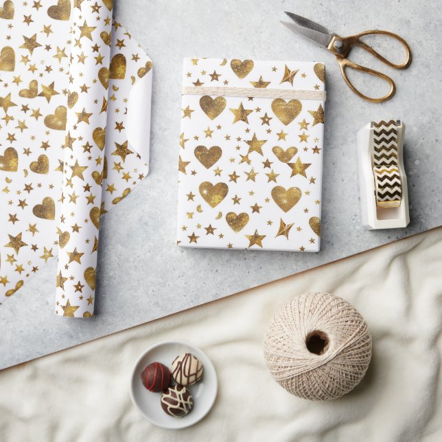 Papier Cadeau White With Gold Sparkle Hearts (Artisanat)