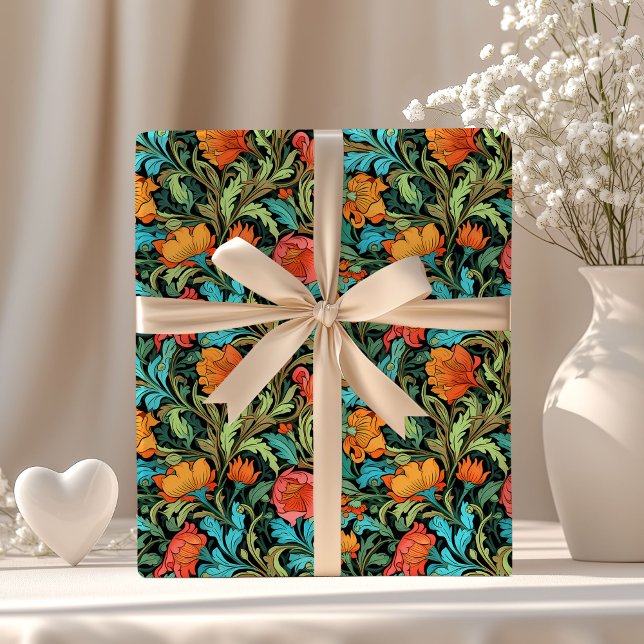 Papier Cadeau William Morris a inspiré des fleurs colorées vibra (William Morris inspired vibrant colorful flowers Wrapping Paper)
