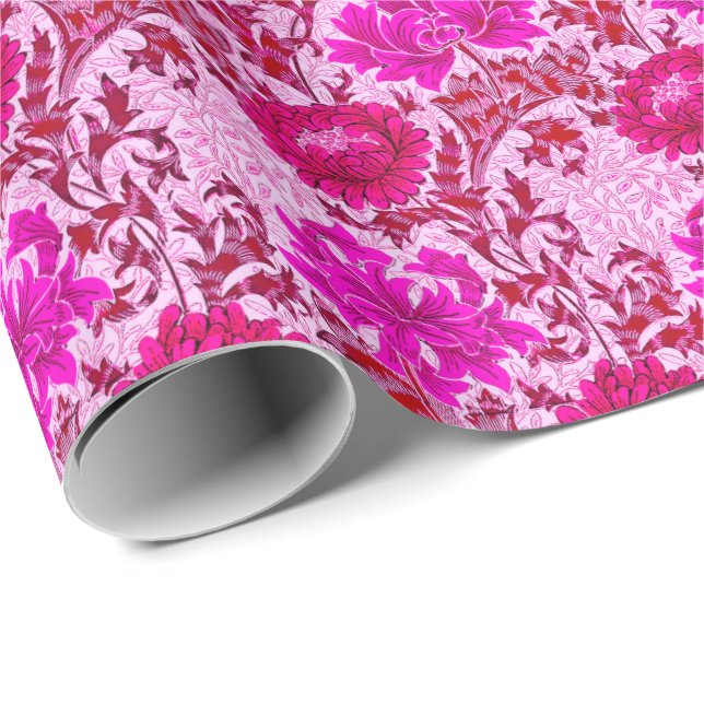 Papier Cadeau William Morris Chrysanthemums, Bourgogne et rose (Coin rond)