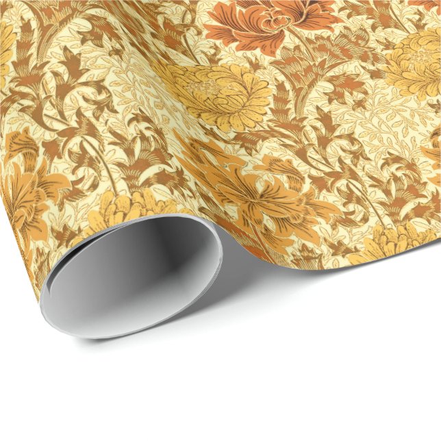 Papier Cadeau William Morris Chrysanthemums, Or de la moutarde (Coin rond)