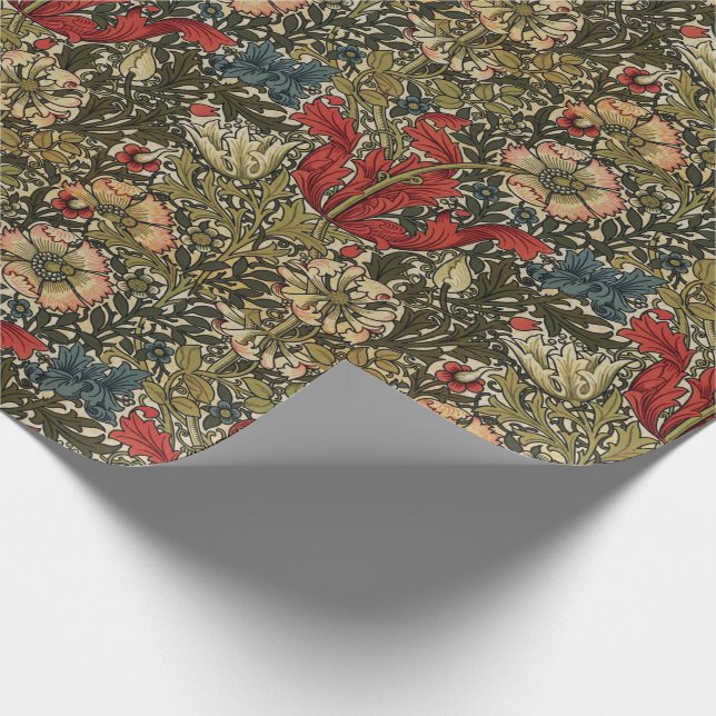 Papier Cadeau William Morris Élégant motif floral rouge vert (Coin)