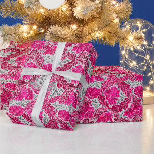 Papier Cadeau William Morris Floral, Fuchsia rose et gris argent