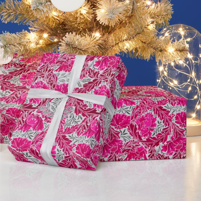 Papier Cadeau William Morris Floral, Fuchsia rose et gris argent (Vacances)