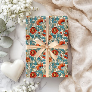 Papier Cadeau William Morris inspiré terre cuite pastel bleu