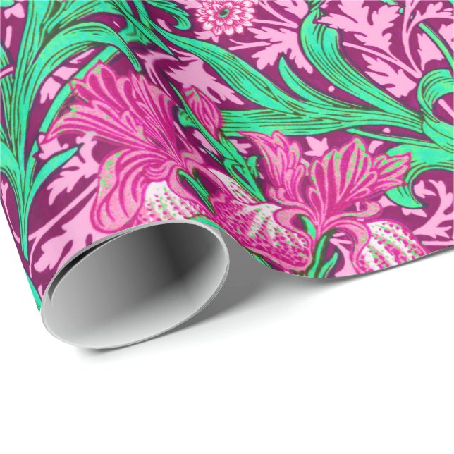 Papier Cadeau William Morris Irises, Fuchsia, rose et vin (Coin rond)