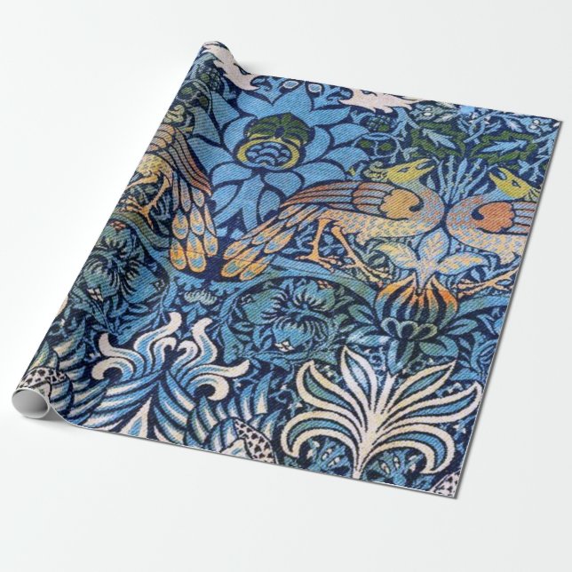 Papier Cadeau William Morris Peacock Et Dragon Motif Bleu (Déroulé)