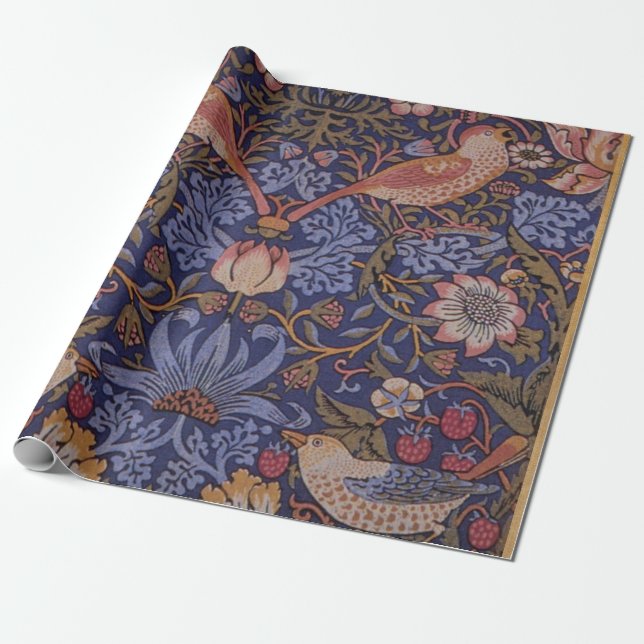 Papier Cadeau William Morris Strawberry Thief Motif floral  (Déroulé)