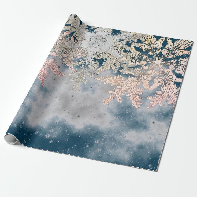 PAPIER CADEAU WILSON BENTLEY FLAKES DE NEIGE EN BLEU NUIT AVEC É (Déroulé)