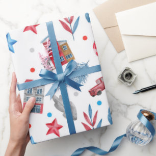Papier Cadeau Winter Wonderland Red & Blue Cottage