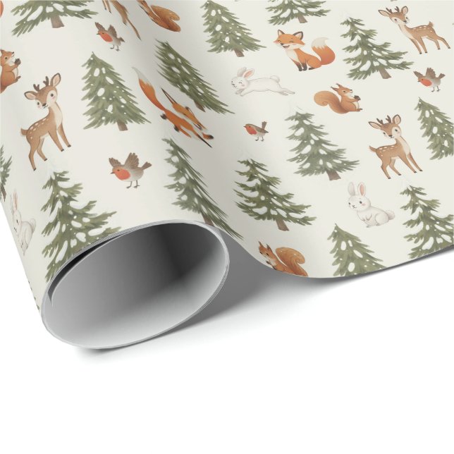 Papier Cadeau Winter Woodland Forest Animals Small Christmas (Coin rond)