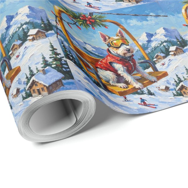 Papier Cadeau Wire Fox Terrier Christmas Ski Lift Adventure (Coin rond)
