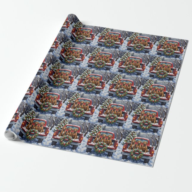 Papier Cadeau Wirehaired Pointing Griffon Christmas Red Truck (Déroulé)