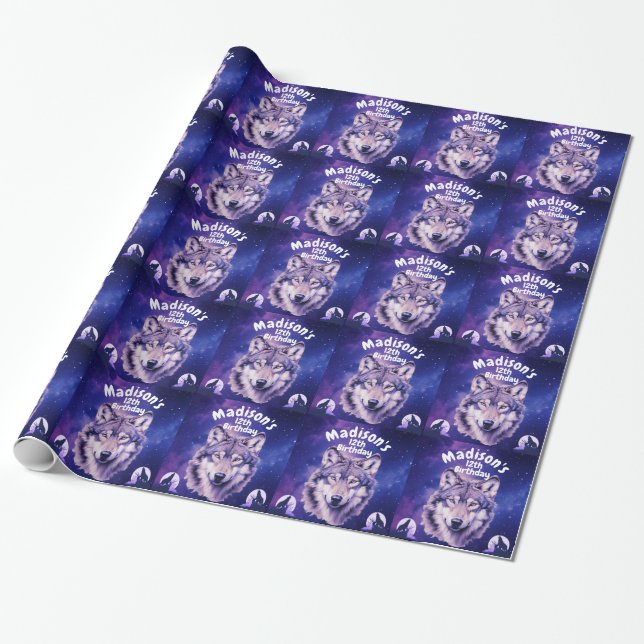 Papier Cadeau Wolf Galaxy Stars Cosmique fête d'anniversaire (Déroulé)