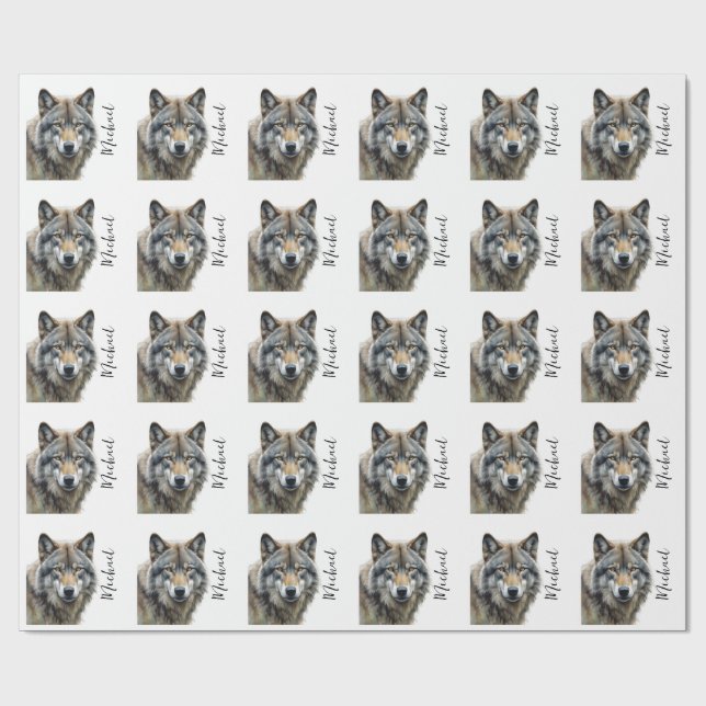 Papier Cadeau Wolf Portrait Votre nom Écriture personnalisée (Plat)