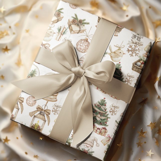 Papier Cadeau Wonderland d'hiver avec des oiseaux et des ornemen (Créateur téléchargé)