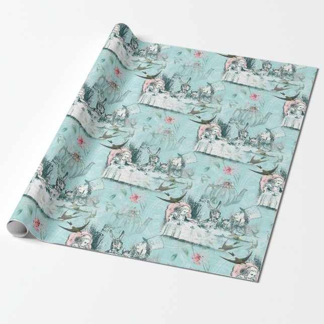 Papier Cadeau Wonderland Mad Tea Party Aqua Pink Wrapper Paper (Déroulé)