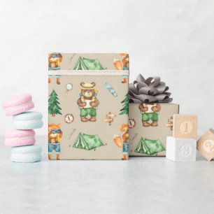 Papier Cadeau Woodland Camping Animaux Enfants Motif d'aquarelle