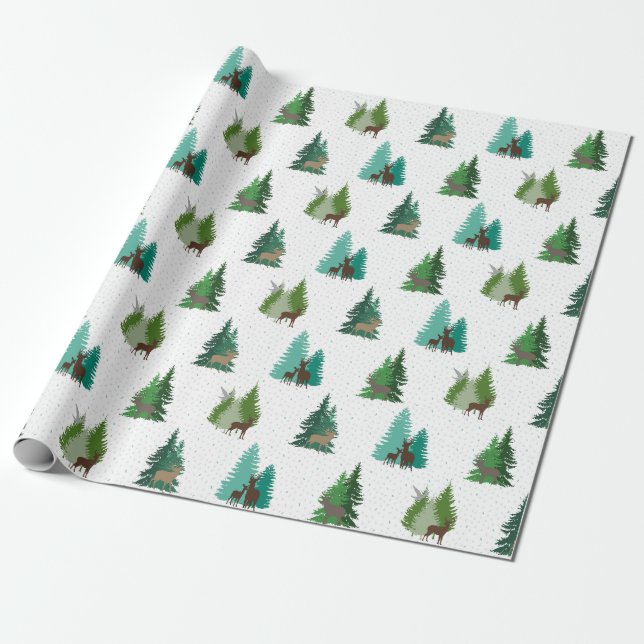 Papier Cadeau Woodland Deer and Pine Trees Pattern (Déroulé)