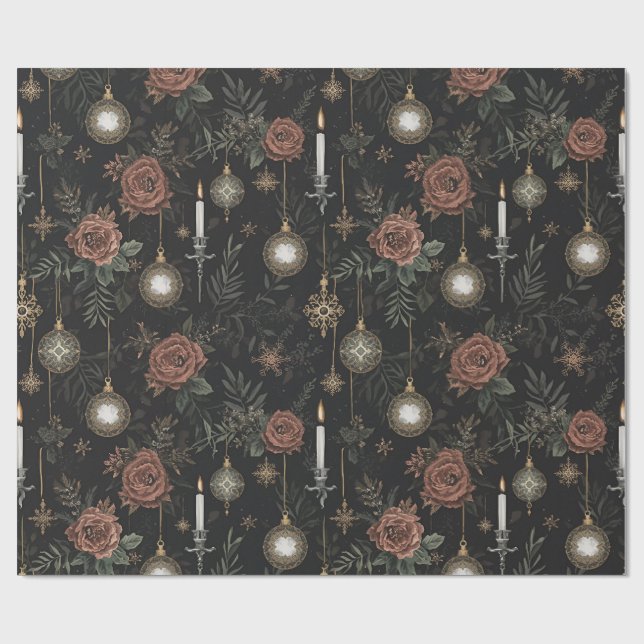 Papier Cadeau Wrapping Paper – Crimson Roses, Gold Ornaments  (Plat)