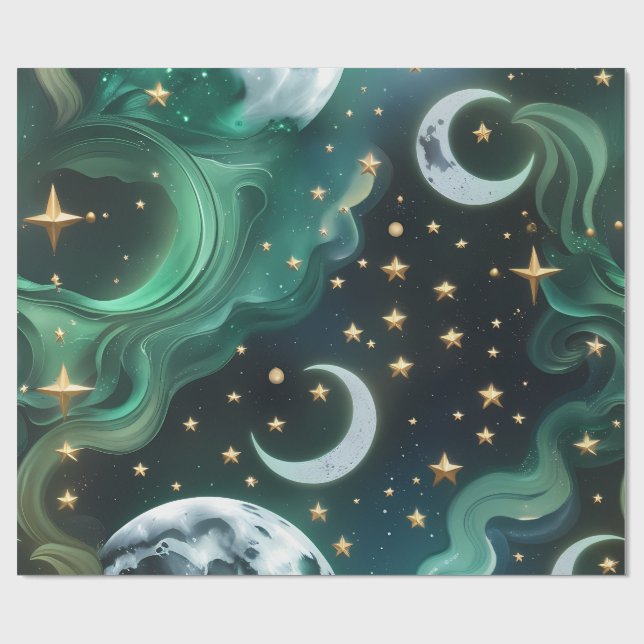 Papier Cadeau Wrapping Paper - Emerald Green Celestial Moon (Plat)