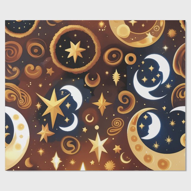 Papier Cadeau Wrapping Paper -Golden Ochre Celestial Moon Patten (Plat)