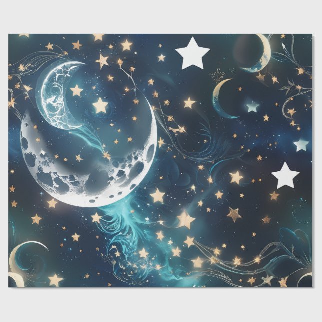 Papier Cadeau Wrapping Paper – Icy Blue Moon Phases (Plat)