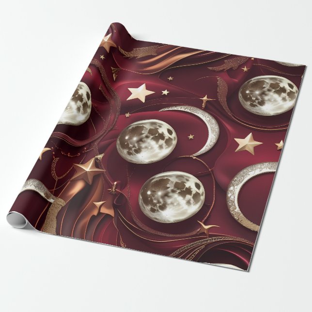 Papier Cadeau Wrapping Paper – Luxury Garnet Red Celestial Moon  (Déroulé)